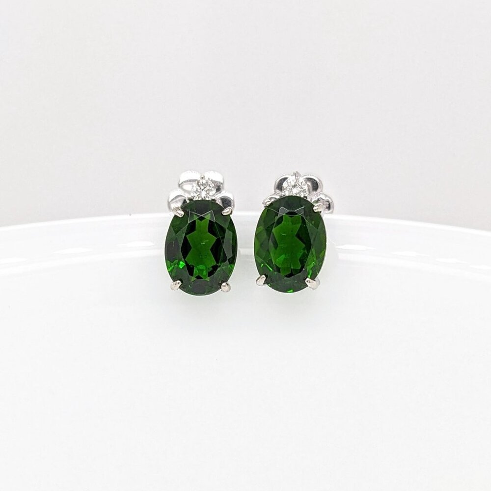 Chrome Diopside Earrings in Solid 14K White Gold with Diamond Accents
